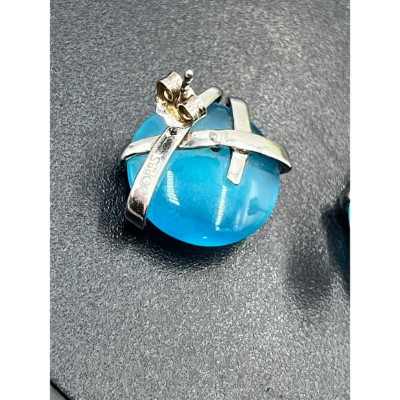 DOBBS 925 PE Sterling Silver Blue Stone Cabochon Pierced Earrings Vintage 5/8" - Picture 5 of 16